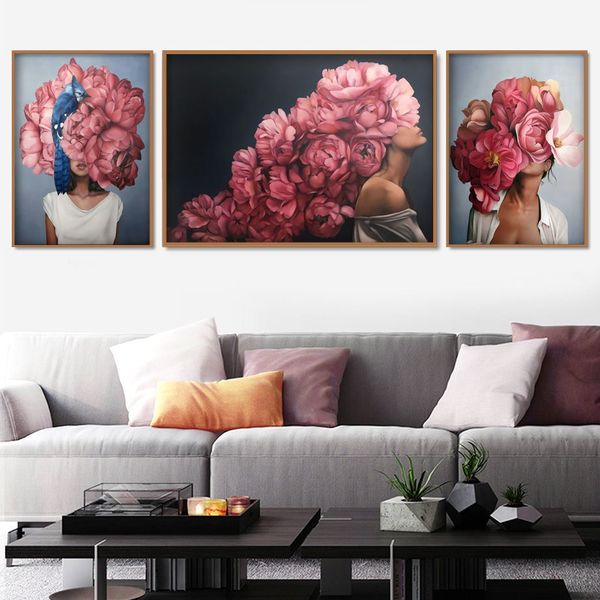 

цветы и девушки иллюстрация птица peony стены искусства холст картина скандинавские постеры и распечаток стена картины для гостиной декор