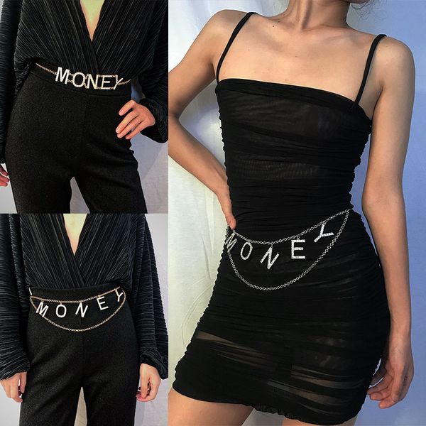 

2020 new fashion rhinestone letter waist chain crystal money letter belly chain women waistband belt body jewelry gift, Black;brown