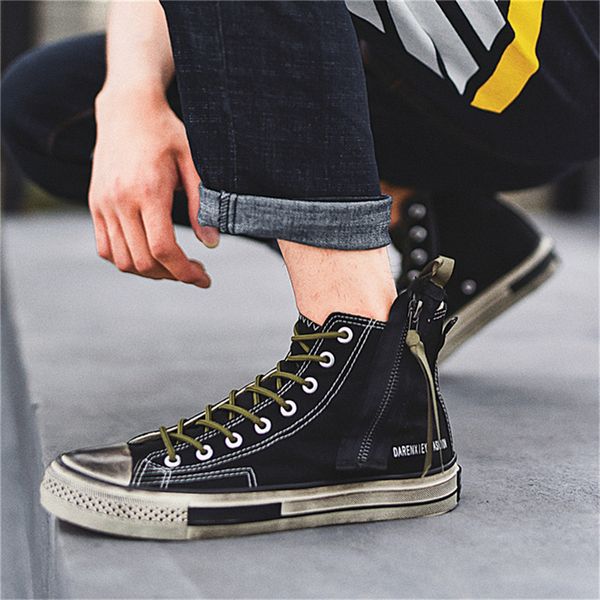 

fashion ankle boot distressed sneakers men obsolete plimsolls male casual board shoes ulzzang rugged high cut canvas shoes cs09, Black