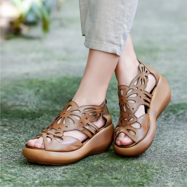 

sandals vallu 2021 original handmade leather women's roman shoes thick bottom wedge retro casual cowhide hole, Black