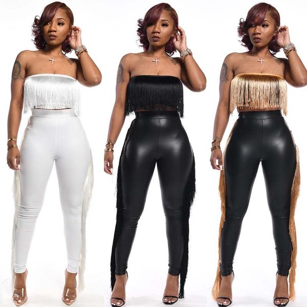 

two piece dress party 2 set women tassel club wear strapless crop long pants autumn casual outfits, White