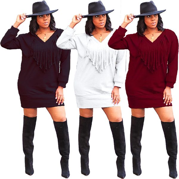 

women dresses fashion loose t shirt dresses with tassel casual natural color long sleeve dresses women designer clothes, Black;gray