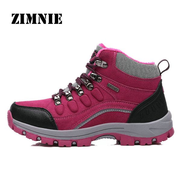 

real leather outdoor hiking shoes plus velvet men warm snow boots walking climbing non-slip women hiking shoes trekking