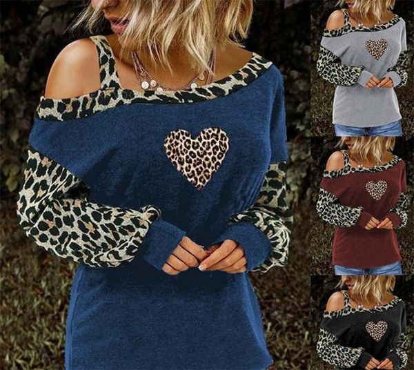 

leopard womens designer tshirts one shoulder long sleeve heart printed loose female casual woman tees, White