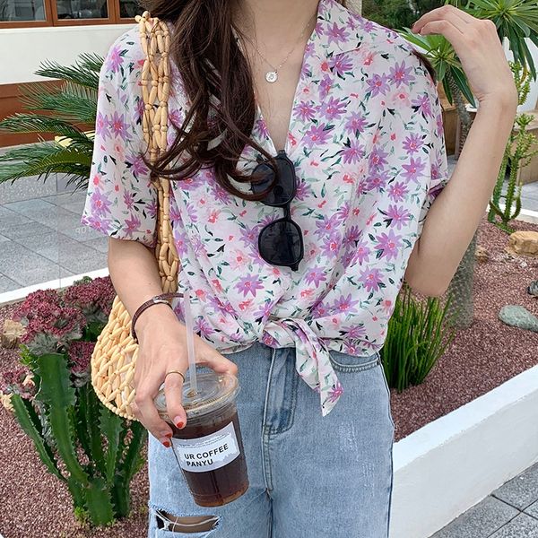 

huang lian рубашки] стиль праздника цветок отворот шифон рубашка с короткими рукавами женщины в 2020 лете корейского стиль пляжа топ c81858, White