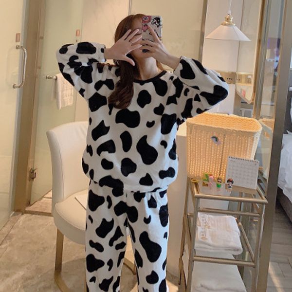 

women designer sleepwear winter warm round neck printed long-sleeved pajamas female cute cartoon girl suit classic home service, White