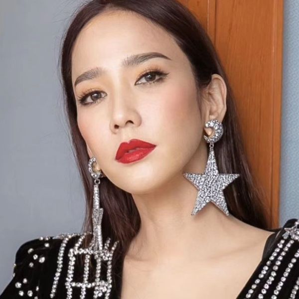 

exaggerated alloy rhinestone diamond moon star full diamond earrings women's fashion super flash eye-absorbing earrings cold wind, Golden