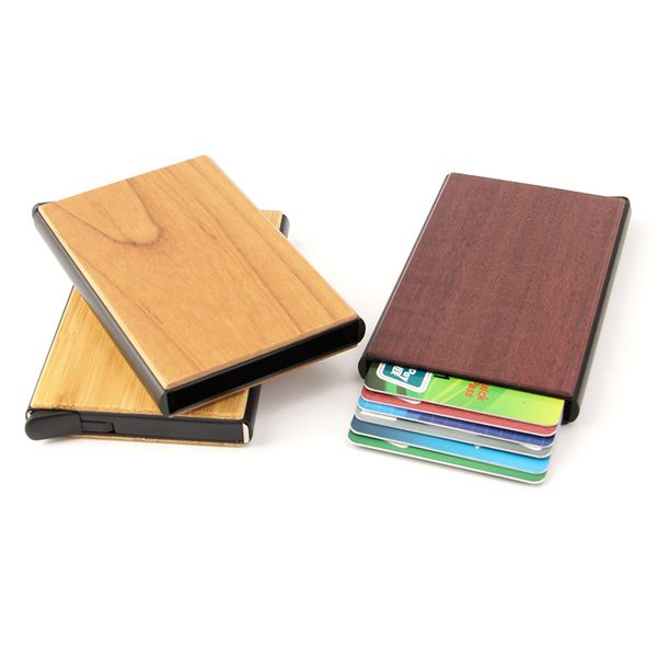 

fashion designer metal alloy nature wood business credit card holder automatic spring out 6 cards promotional gift, Brown;gray