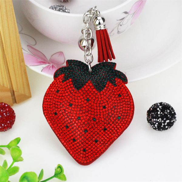 

strawberry keychain women fashion rhinestone pu leather tassels bag pendant alloy car key ring holder kids jewelry cute keychain, Silver