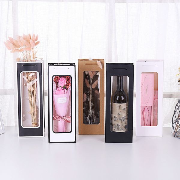

gift wrap 12pcs single red wine bottle packaging boxes with open window kraft paper storage bag handle wedding party packing box