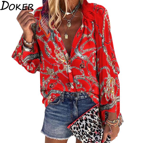 

2020 new design plus size women blouse v-neck long sleeve chains print loose casual shirts womens and blouses, White