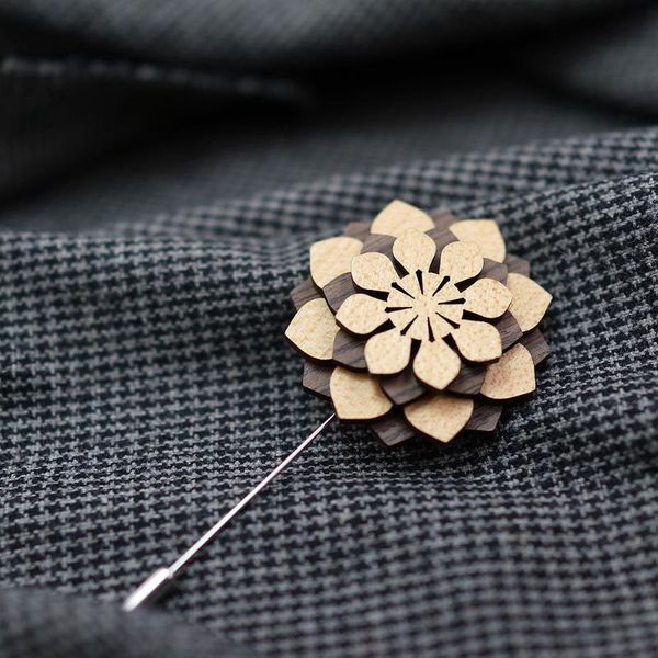 

linbaiway upscale mens wood brooches vintage suits brooch lapel pins men's suit wooden flower collar gentlemen long badge brooch, Gray