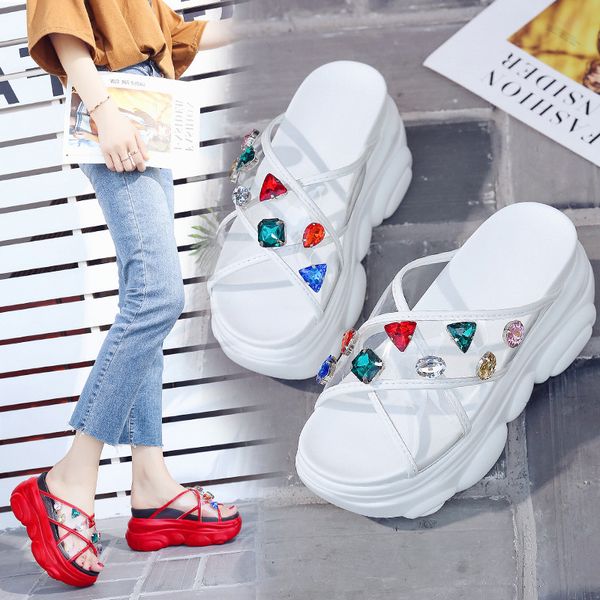 

diamond multicolor platform sandales femmes cut-out open toe muffin slippers transparent cross band high heels sandals women2020, Black