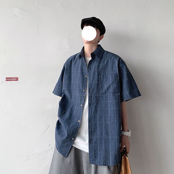 

man 2020 couple plaid short-sleeved shirt mans loose large size casual short sleeve shirts male collage clothing, White;black