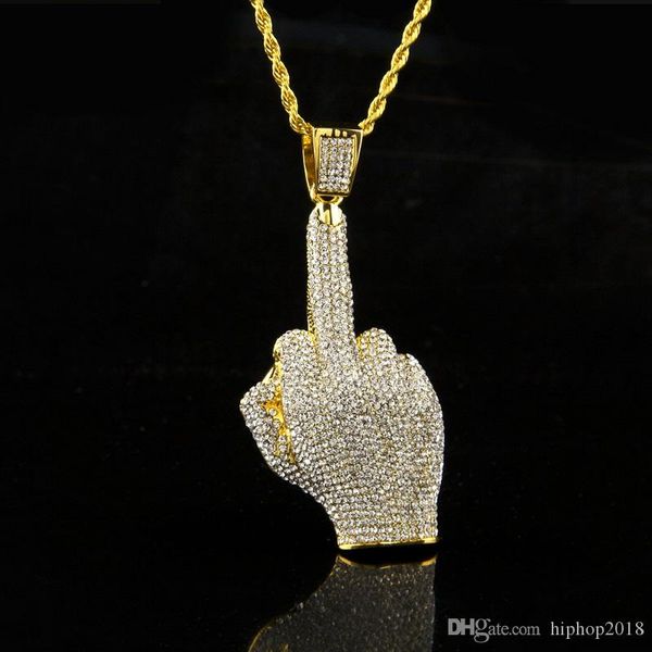 

fashion mens iced out pendant hip hop necklace erect middle finger bling pendant necklace hiphop jewelry, Silver