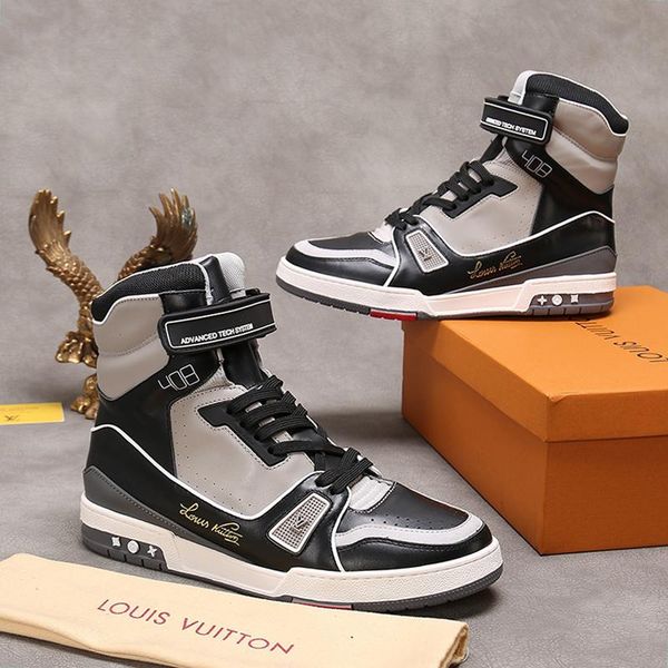 

men shoes sports breathable leather big size luxury design trainer sneaker mid -fashion boots bottes hommes luxury style mens shoes l225, Black