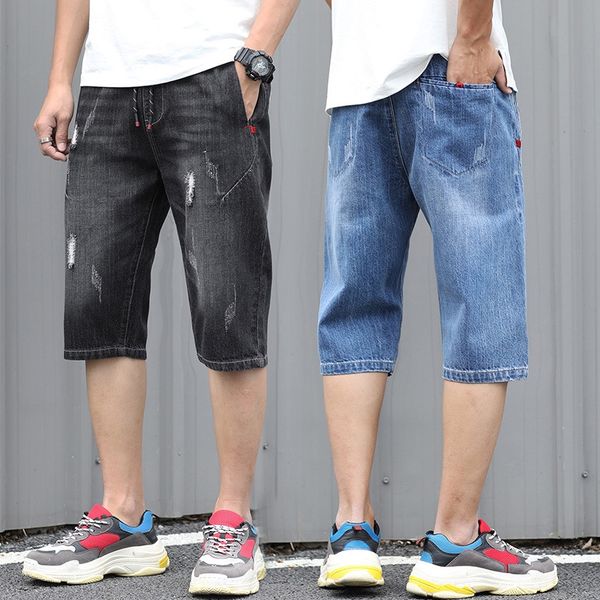 

wvc15 summer thin denim men's korean-style seven-point elastic loose 5-point pants shorts and shorts men's trendy 7-point casual, Blue