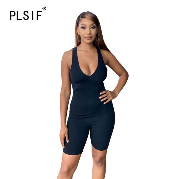 

young party women fashion simple solid color u neck sleeveless skinny jumpsuits tight club party lady fashion bodysuits, Black;white