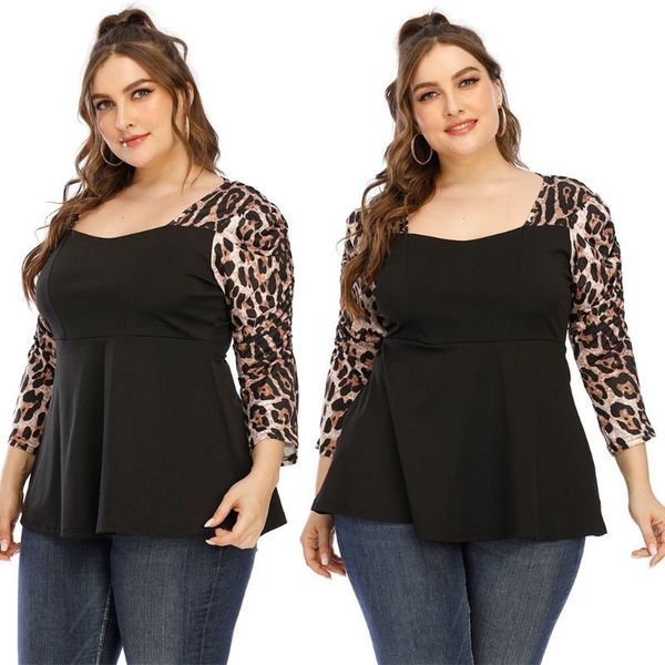 

womens plus size 3/4 puff sleeves loose blouse leopard patchwork pullover flared hem keyhole back streetwear, White