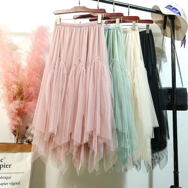 

2020 spring summer candy colored a line irregular layered tulle maxi long skirts puffy patchwork high low long mesh skirts mint, Black