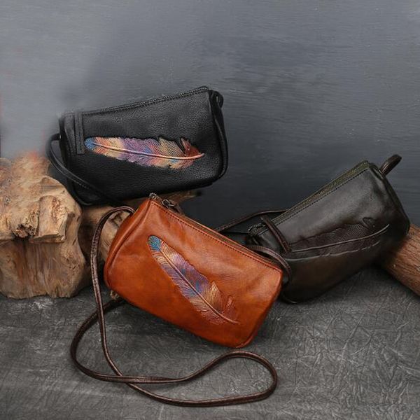 

retro women messenger bag female genuine leather crossbody bags ladies cowhide small feather paint messenger flap bags