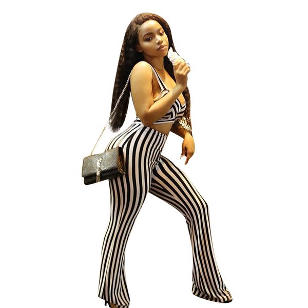 

lm971 european and american fashion jumpsuit women's striped cutout jumpsuit nightclub flared pants 2020, Black;white