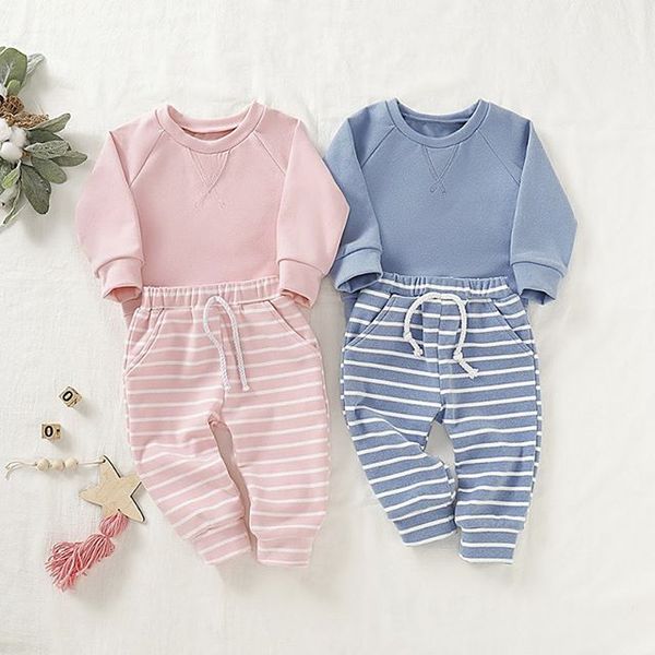 

newborn baby boy girl long-sleeve trousers suit fresh solid color round neck t-shirt and elastic stripe long pants 0-24m, White