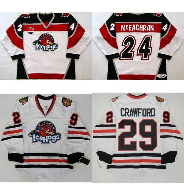 

2017 mens 24 sean mceachran ahl rockford icehogs womens kids 13 david phillips 100% embroidery custom ice hockey jerseys goalit cut hot, Black;red