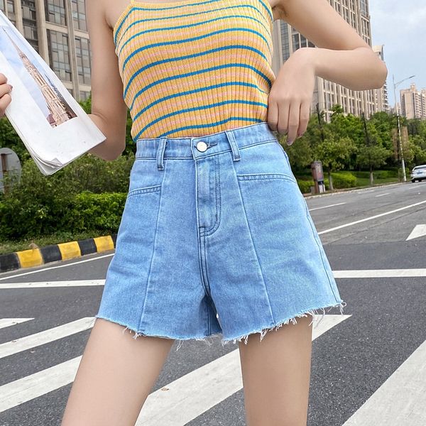 

ojopu large size jeans women's 2020 summer new korean style light color plump mm jeans and jeansshorts and jeanswoolen denim shorts hig, Blue