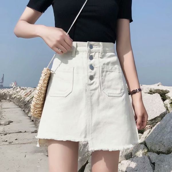 

korean-style breasted denim a- line denim skirt irregular half-length skirt women's white ins super fire high waist a- line dress, Black