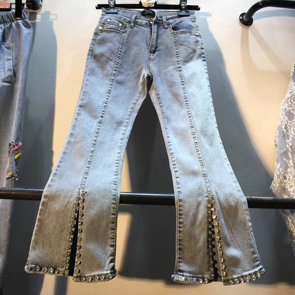 

2020 summer new women jeans embroidered flares diamond high waist split flare pants female ankle length pants bottomings, Blue