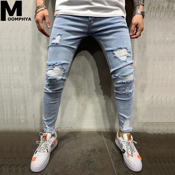 

men's jeans moomphya distressed ripped holes skinny men streetwear slim 2021 denim pants hip hop trousers blue