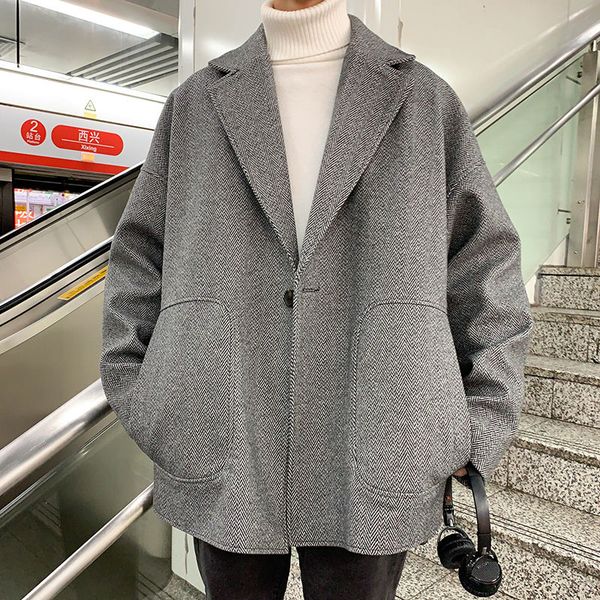 

men's wool & blends autumn woolen coat fashion solid color retro casual cloth jacket men streetwear loose korean mens m-2xl, Black