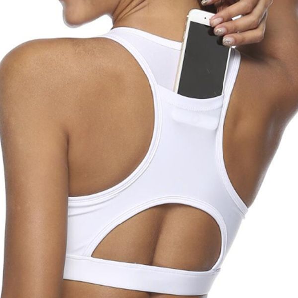 

women sports bra with phone pocket print yoga fitness running wear haut femme padding gym bras wireless deportivo mujer, White;black