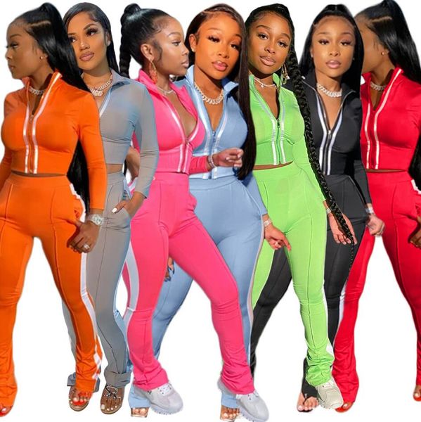 

women's tracksuit designer zipper crop jackets + pants leggings two pieces outfits patchwork reflective trousers sweat suit d72712, White