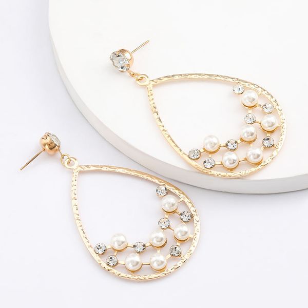 

creative and personalized water drop-shaped alloy acrylic diamond-inlaid pearl earrings female temperament korean earring, Golden