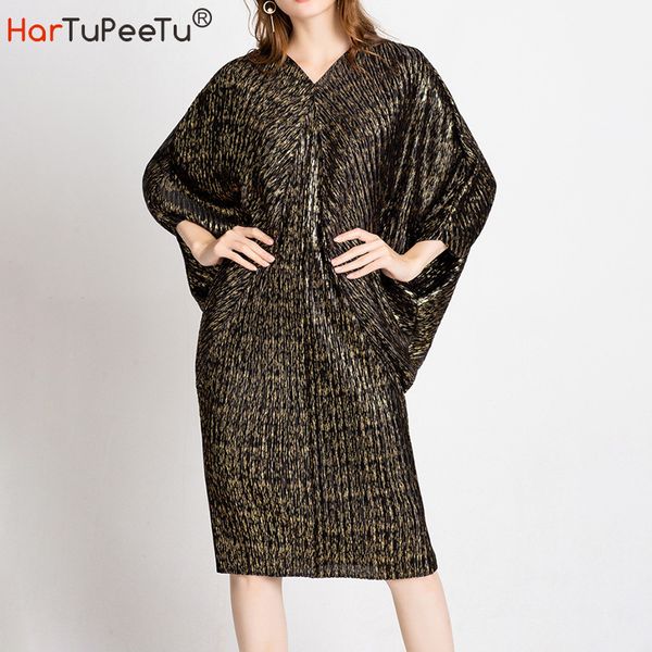 

casual dresses elegant dress women oversize sporty pleated 3/4 batwing sleeve glossy party vestidos mujer high elsatic 2021 autumn, Black;gray