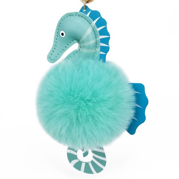 

seahorse keychain with pu leather pompom fur balls women trinkets suspension on bags car key chain keyrings toy key ring pendant, Silver