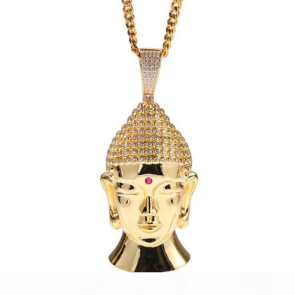 

i new gold -plated large buddha head necklace european and american hip -hop copper inlaid zircon domineering high -quality necklace, Slivery;golden