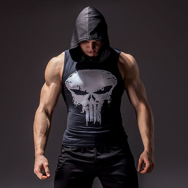 

мужская с капюшоном tight жилет эластичность мышц slim fit фитнес рукавов футболки спорт бег обучение быстрый сушки одежды, Black;blue