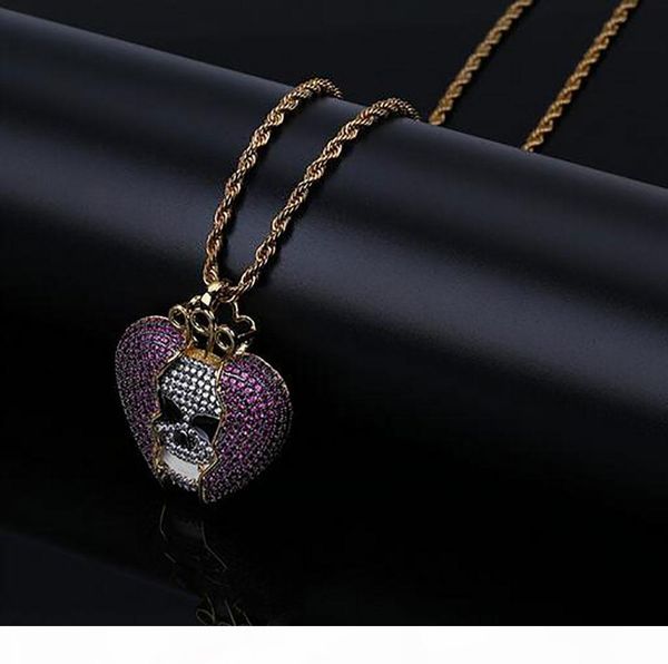 

g 14k iced out череп скелет пурпурное сердце сок wrld кулон ожерелье bling micro pave ювелирные изделия кубического циркона шкентель, Silver