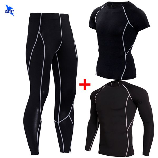 

running sets 2021 quick dry compression tracksuit fitness tight sportswear set t-shirt leggings mens 2 pieces gym training sport suit, Black;blue