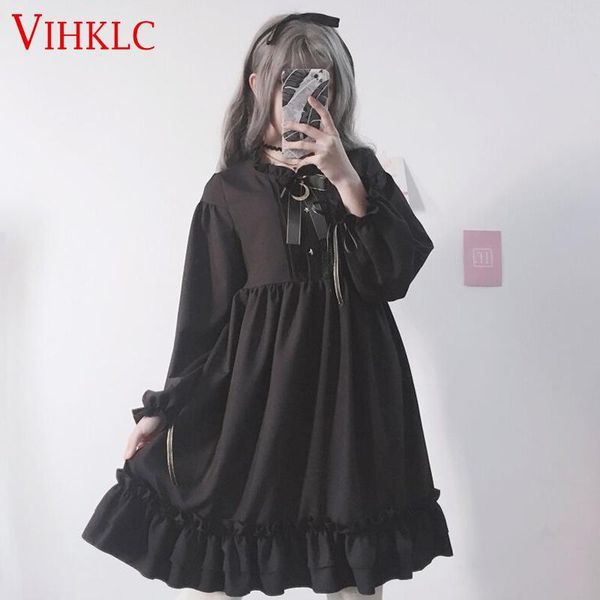 

women black ruffles dress japanese harajuku lantern sleeve lolita style student's dress sweet kawaii cute bow girl chiffon c510 t200320, Black;pink