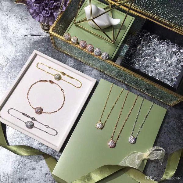 

new fashion lady jewelry sets brass full diamond round 18k gold necklaces bracelets earrings sets 3 color, Black