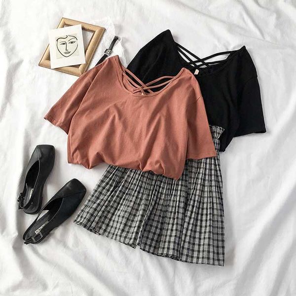 

harajuku kawaii student solid t-shirt plaid mini skirt women 2 pcs set sweet girl casual two-piece suit ropa de mujer 2020, White