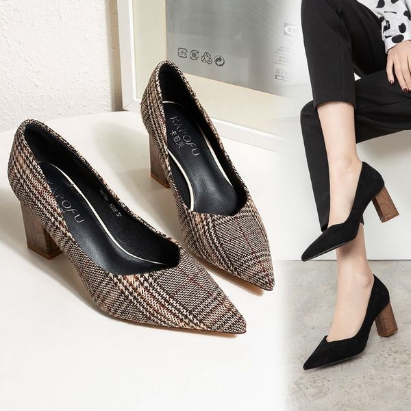 

2020 new thick with houndstooth shallow mouth single shoes women pointed fashion shoes t200730, Black
