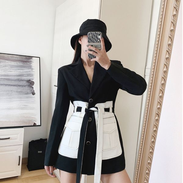 

ewq] 2020 autumn new notched neck full sleeve patchwork pocket black blazer korea style fashion trend women's coats 19n-a184, White;black