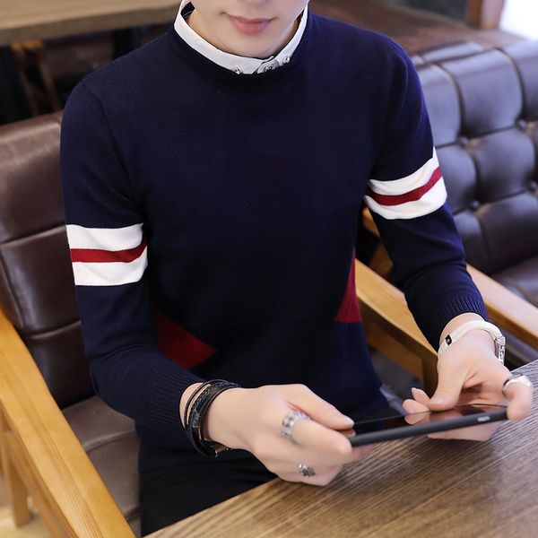 

korean new 2020 men's knitted color shirt collar sweater, White;black