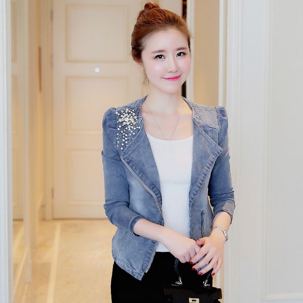

season korean style new beaded short denim clothes three-dimensional decoration bead zipper jacket zipperzipper denim jacket fashion, Black;brown