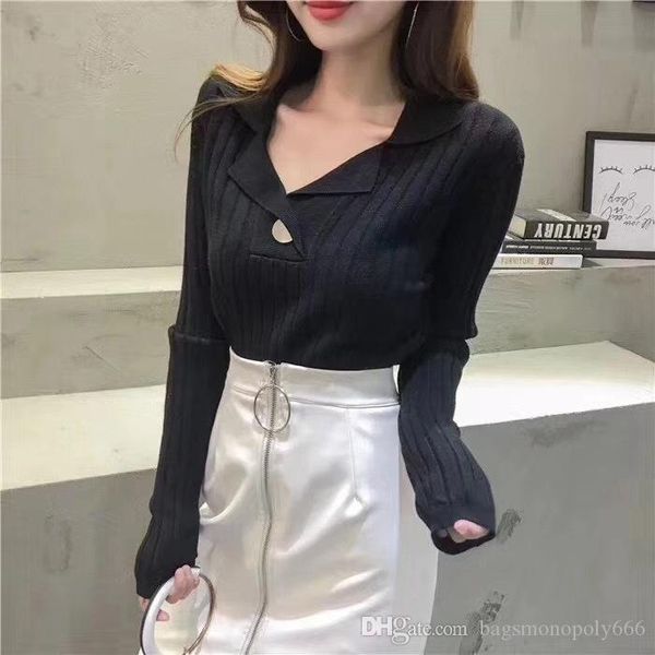 

осень зима новая корейская версия кнопки отворота верхней v-образного вырез трикотажного нижней рубашки с длинными рукавами диких цветов сви, White;black